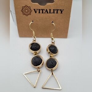 Vintage Art Deco Lava Stone Beads Dangle Gold Tone Earrings